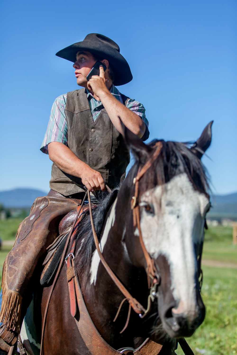 man riding horse holding a cell phone