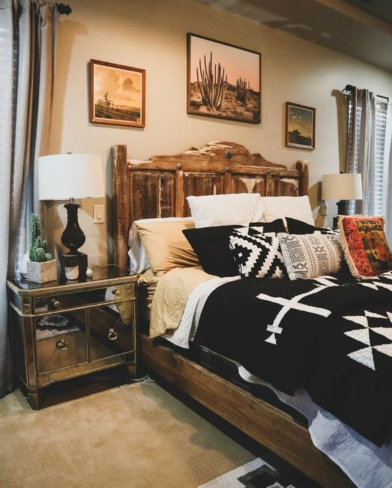 cactus art and wood bed frame
