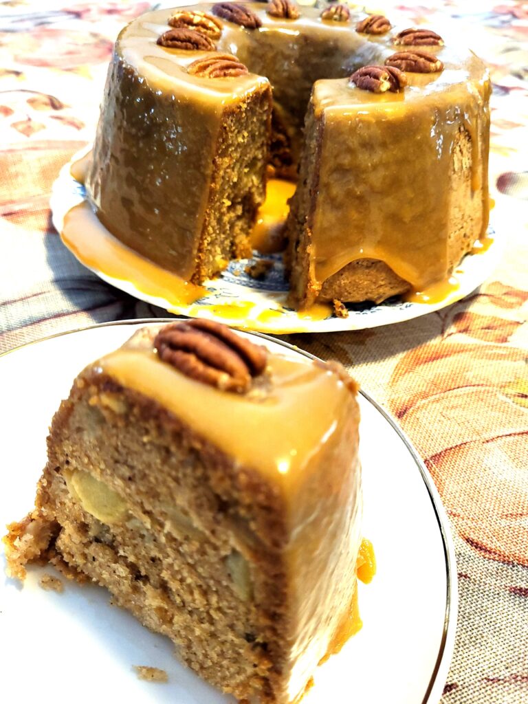 apple pecan cake with caramel glaze