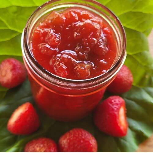 a jar of strawberry rhubarb jam