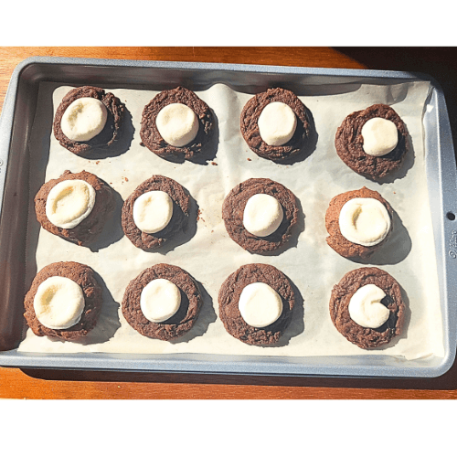 chocolate and marshmallow cookies on a cookie sheet