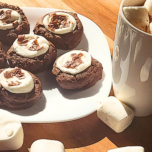 chocolate and marshmallow cookies on a plate with a cup of hot chocolate