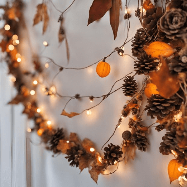 fall leaves and pinecones with string lights