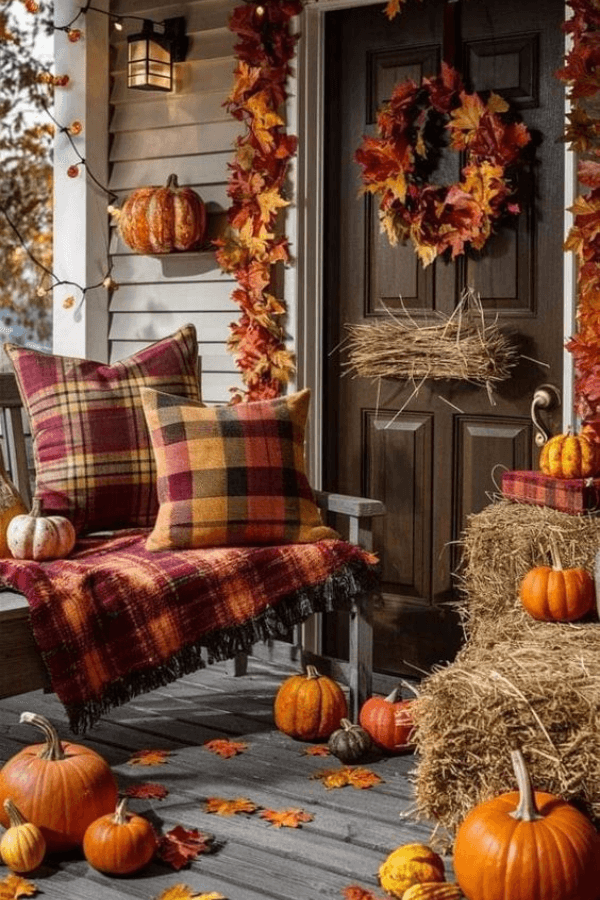 fall porch with plaid blankets