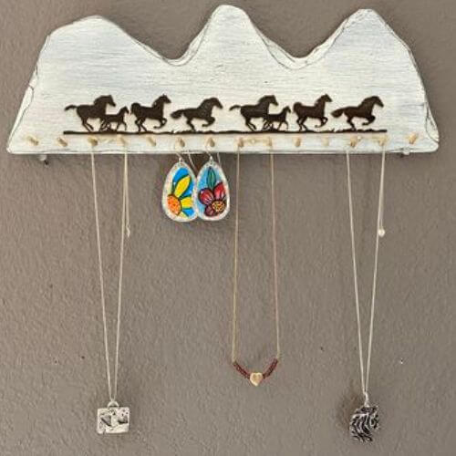 wood jewelry holder with horses running