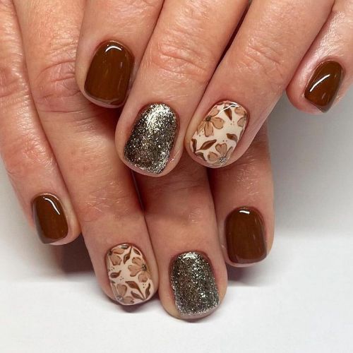 silver sparkly brown flower nails