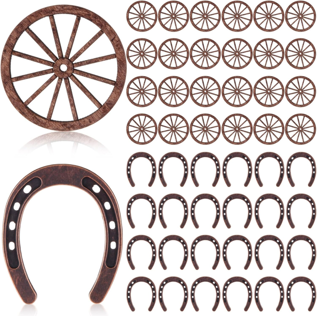 wagon wheel and horseshoe ornaments