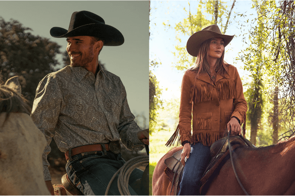 top cowboy hat brands picture of a man and woman on a horse wearing cowboy hats