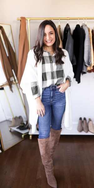 Cozy Western Winter Outfit a plaid shirt, jeans and cardigan