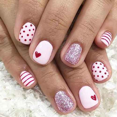 Valentines press on nails sparkles, dots and stripes