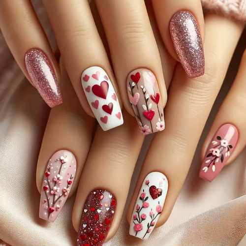 Valentines press on nails with hearts and flowers