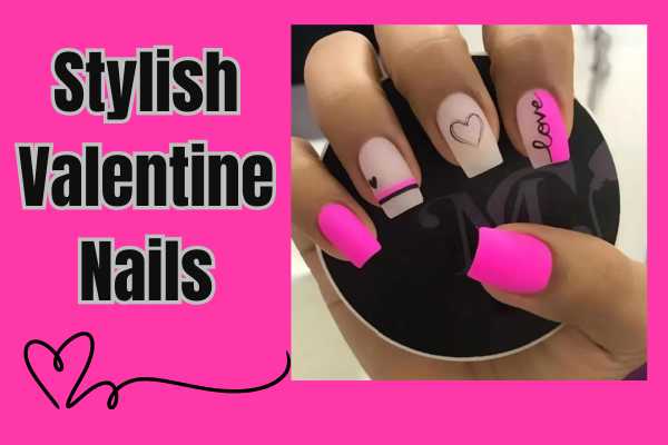 pink valentine nails says love on them